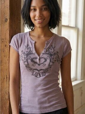 Self Esteem Lavender Short-Sleeve Ribbed Henley Tee with LOVE Graphic
